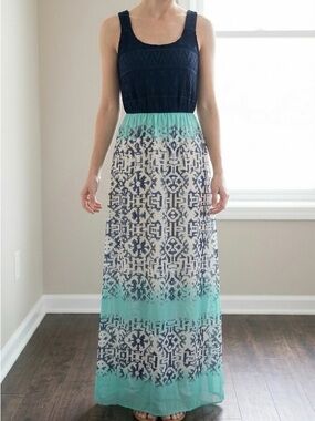 Maurices Navy Blue Lace Teal Ikat Geometric Print Sleeveless Maxi Dress S EUC